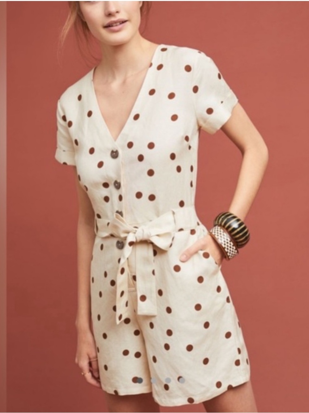 Moon River Cream Short-Sleeve Polka Dot Button-Front Tie-Waist Top